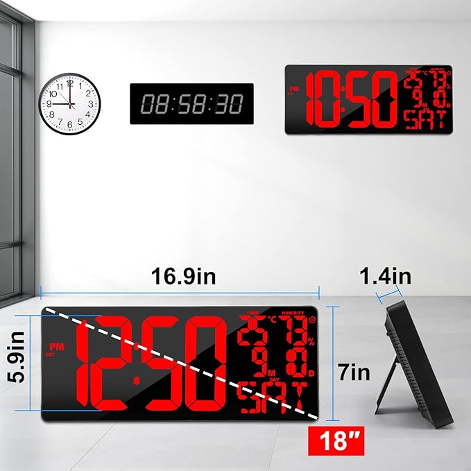 [Oversized] 18" Large Digital Wall Clock with Remote Control, Auto-Dimming Digital Clock Display with Date/Temp/Week, DST, Alarm, 5.9”Jumbo Numbers Large Digital Clock for All Spaces Use