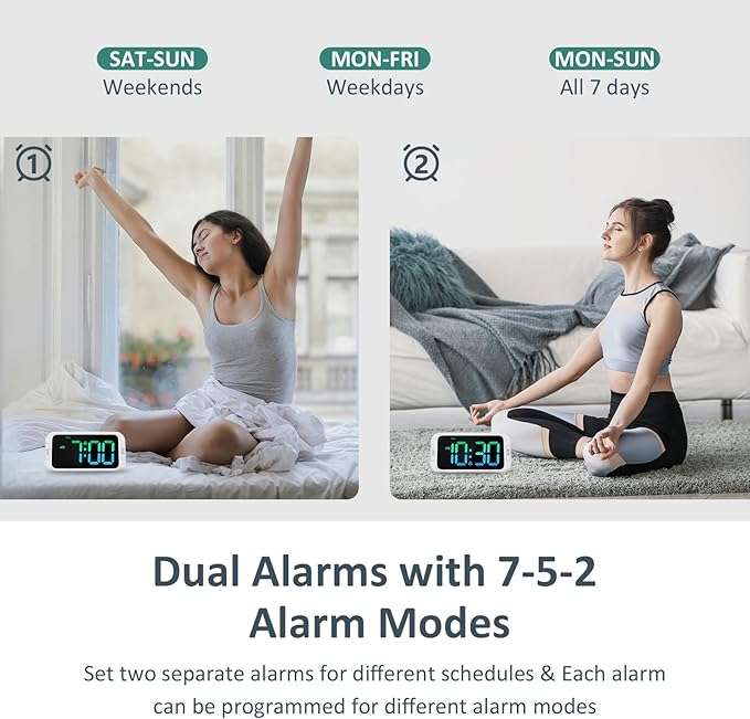 Odokee Dual Colorful Alarm Clock for Kids Bedroom - 0-100% Dimmer, 5 Alarm Sounds, USB Charger, Easy to Set, Weekday/Weekend Mode, Snooze, 12/24Hr, Battery Backup, Digital Clock for Teens Boys Bedside