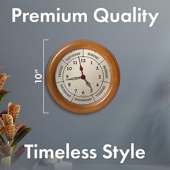 Time & Day of The Week Wall Clock with 10" Solid Pine Wood Frame – – Ideal Retirement Gift for Men and Women, Day Clock for Seniors and Retirees