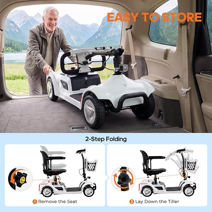 Foldable Mobility Scooter for Seniors & Adults - 4 Wheel Travel Scooter with NFC Smart Unlock, 15 Mile Range, 300 lbs Capacity, Compact Heavy Duty Mobile with Removable Battery & Basket, White