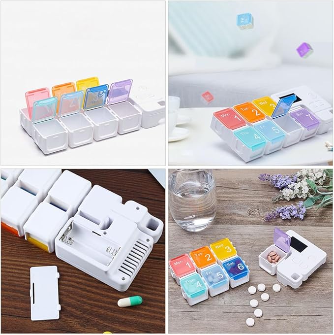 Ciieeo Weekly Electronic Pill Organizer with 7 Compartments, Portable Compact Medicine Case with Removable Boxes and Timed Alarm Reminder, Sealed Storage for Daily Vitamins and