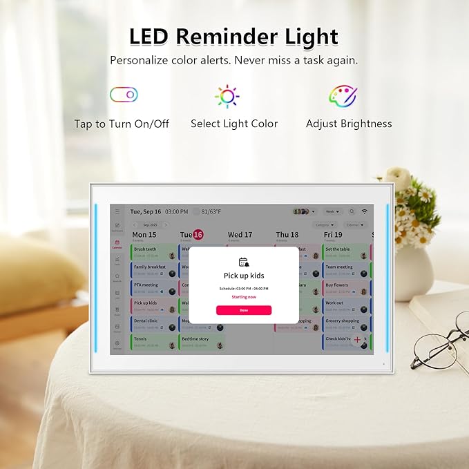 Moonka 15.6" Wall Planner Digital Calendar & Chore Chart with LED Reminder Light, Smart Full HD Touchscreen Interactive Display for Family Schedules, Meal Planner, To Do List, Great for Organizing Your 2026 Calendar