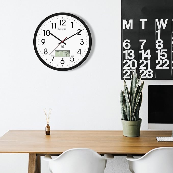 Atomic Wall Clock 12 Inch - Auto DST Modern Analog Battery Operated Silent Wall Clock with Temperature & Digital Calendar for Office Bedroom Kitchen, Round Non-Ticking Classroom & Garage Clock (Black)