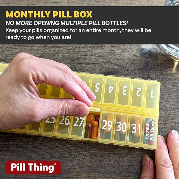 31 Day Monthly Pill Organizer, Once-A-Day Medication Planner with Removable Lid, Large Compartments, 3 Color Set for Multiple People Or 3 Times-Daily Use (3X a Day - Yellow, Clear & Blue)