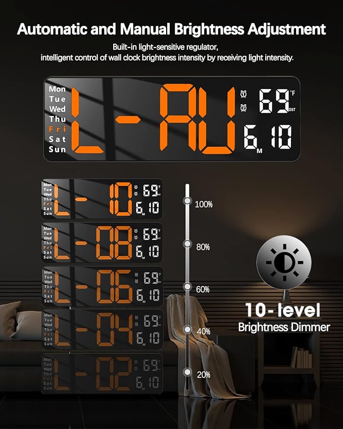 JoFomp Digital Wall Clock - 13" Large LED Display, Loud Alarm, Remote Control, DST, Auto-Dimming, Date and Day, Timer, Temperature - 12/24H Format - Ideal for Living Room, Bedroom, Kitchen