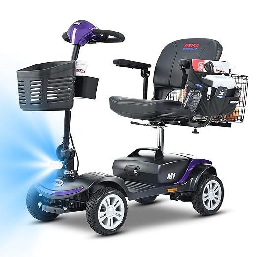 Metro Mobility 4 Wheel Powered Mobility Scooters, 300 lbs Capacity Mobility Scooters for Adults, Folding Mobility Scooter Lightweight, Electric Scooters for Seniors 10 Miles Range LED Light Purple
