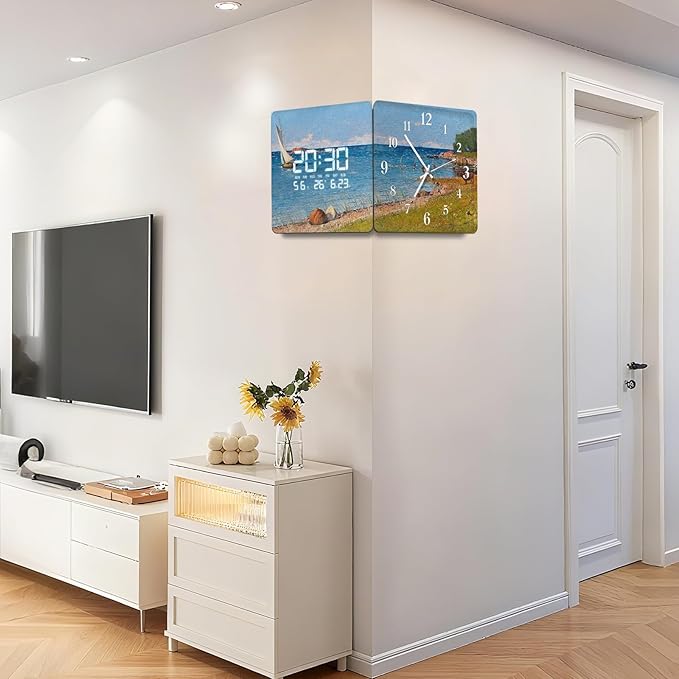 12'' Double Sided 90° Corner Wall Clock, Coastal Oil Painting, Radar Motion Activated, Analog & LED Display with Temp Humidity Date Day, Silent Non-Ticking Plug-in for Beach House Cabin