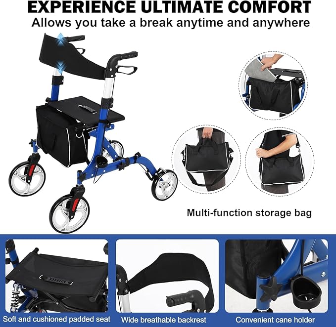 Rollator Walker for Seniors, Lightweight Foldable All Terrain Rolling Walker with seat,12" Rubber Wheels for Smooth Outdoor Use, Compact Folding Design,Height Adjustable 34"-40" for All Users.