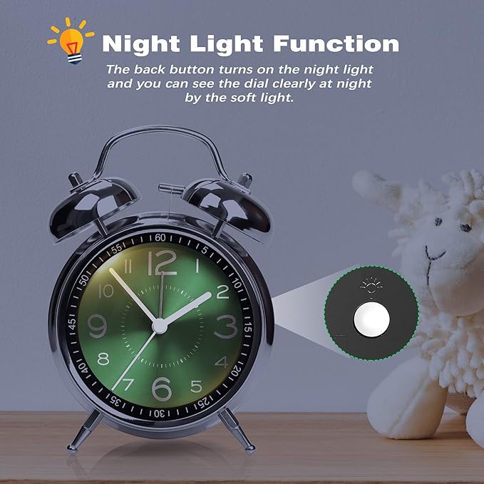 AYRELY Super Loud Alarm Clock for Heavy Sleepers Adults,Twin Bell Retro 4 Inch Silent Non-Ticking Quartz with Backlight, Metal dial, Alarm Clocks for Bedrooms Bedside (Green)