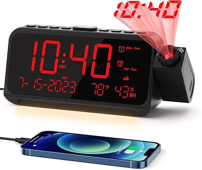 ROCAM Projection Clock for Bedroom, Digital Clock with 180° Projector on Ceiling with 5-Level Dimmer, Dual Loud Alarm Clock with Weekend/Weekday Mode, Date, Temp, Humidity, Night Light, Snooze