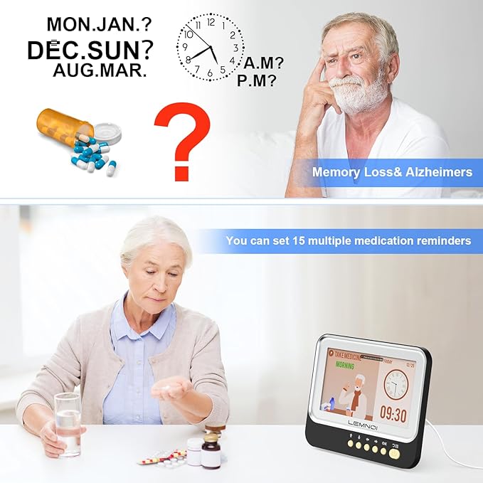 Lemnoi 7 Inch Dementia Clock,Digital Day and Time Clock for Seniors Elderly Memory Loss Alzheimer’s Large Display Date Temp,12 Labels Image & 15 Medicine Alarm Reminder,Auto DST (2025 New)