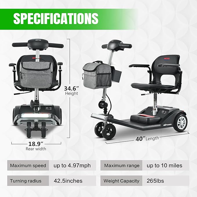 250W Airline Approved Mobility Scooters for Adults & Seniors 265lbs Capacity, 4 Wheel Folding Powered Mobility Scooters with Storage Bag, Lightweight Electric Scooter with & USB Charger Port (Black)