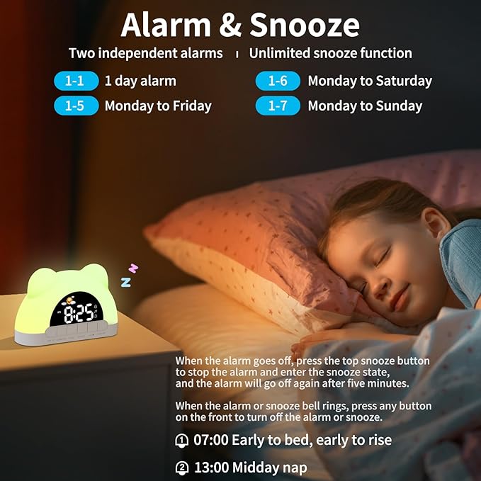 Wake Up Light Alarm Clock for Kids, Toddler Sleep Training Clock with RGB Night Light, Sound Machine, Dual Alarms, Birthday Gift for Girls Kids, Toddler Clock Stay in Bed, Bedroom