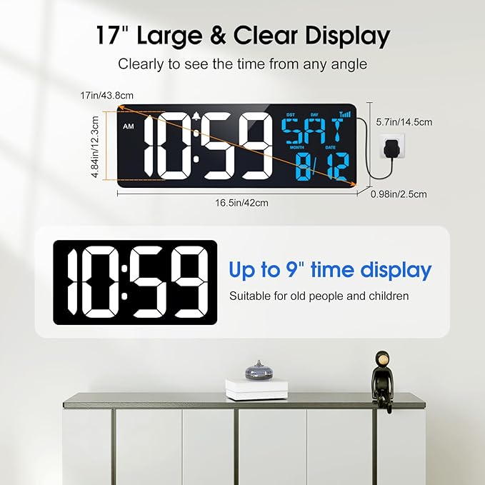 17 Inch Digital Wall Clock Large Display Bluetooth Sync Time, Auto-Dimming Digital Wall Clock with Remote, Date/Week/Temperature/DST, Plug-in Digital Clock for All Large Spaces Use, Gift