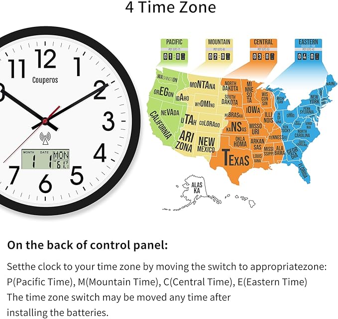 Atomic Wall Clock 12 Inch - Auto DST Modern Analog Battery Operated Silent Wall Clock with Temperature & Digital Calendar for Office Bedroom Kitchen, Round Non-Ticking Classroom & Garage Clock (Black)