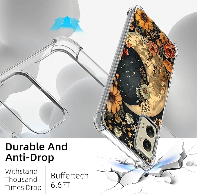 for Motorola G Stylus 5G 2024 Clear Phone Case, Lightweight Transparent TPU, Floral Moon Shockproof Four Corner Anti-Fall Case 6.7" for Moto G Stylus 5G 2024, Screen Protector Film