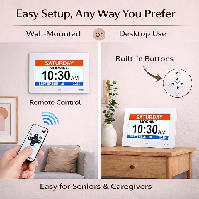 Large Display Digital Dementia Clocks for Seniors, 7'' Day Date Time Calendar Clock for Elderly, Simple Setup, 19 Alarm Reminders, Adjustable Brightness, DST