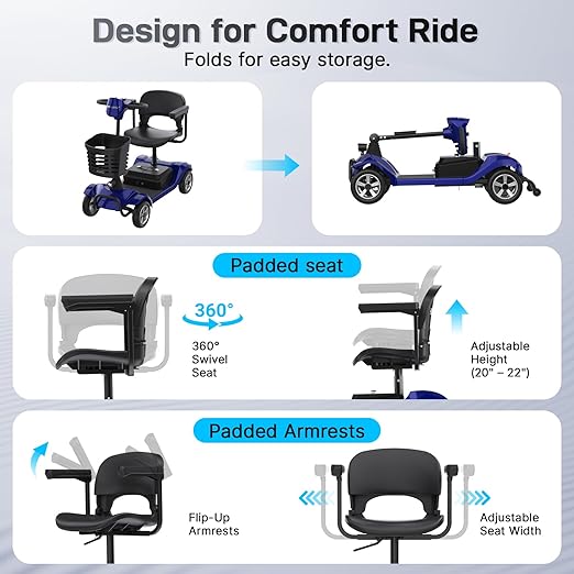 Hoverfly T4 Mobility Scooter for Seniors, Max 12.4-Mile Range & 3.7 mph, 3-Position Seat & Anti-slip Rear Wheel, Removed Battery&Quick Fold Design, Solid 9" Tire&330 lb Capacity, Ease of Assembly Blue