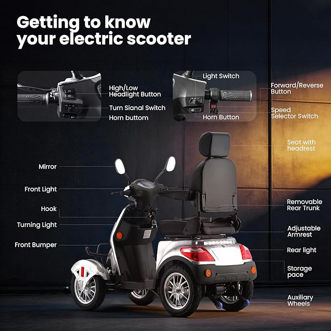 Super Large Electric 4 Wheel Mobility Scooters, Heavy Duty 800W Wheelchair Device, 25 Miles Long Range, All Terrain Mobility Scooter，Speed Adjust, Remote Key,Receive Ready to Ride (Silver)