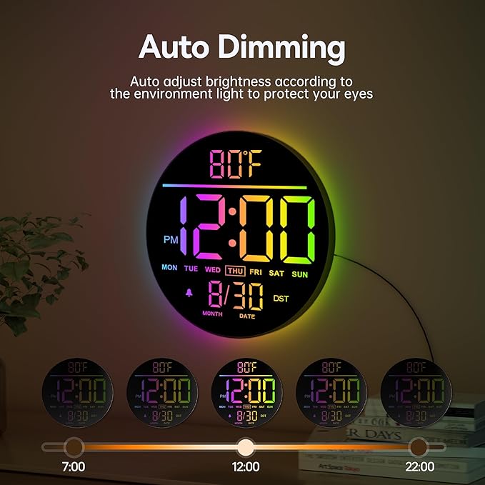 JALL 10" Large Digital Wall Clock with Seconds, Alarm Countdown Timer, Big LED Display, RGB Color, DST, Temperature, Mounted for Bedroom Living Room Office Classroom Gym, Xmas Birthday Gift, RGB