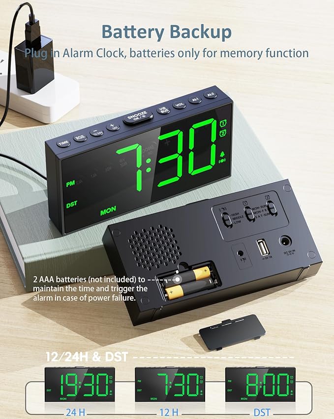 Roxicosly RGB Display Vibrating Alarm Clock with Bed Shaker for Heavy Sleepers Adults, 7-Level Dimmer, Dual Alarms with Weekday & Weekend Mode, Large Digits, Snooze, USB Charger, Battery Backup