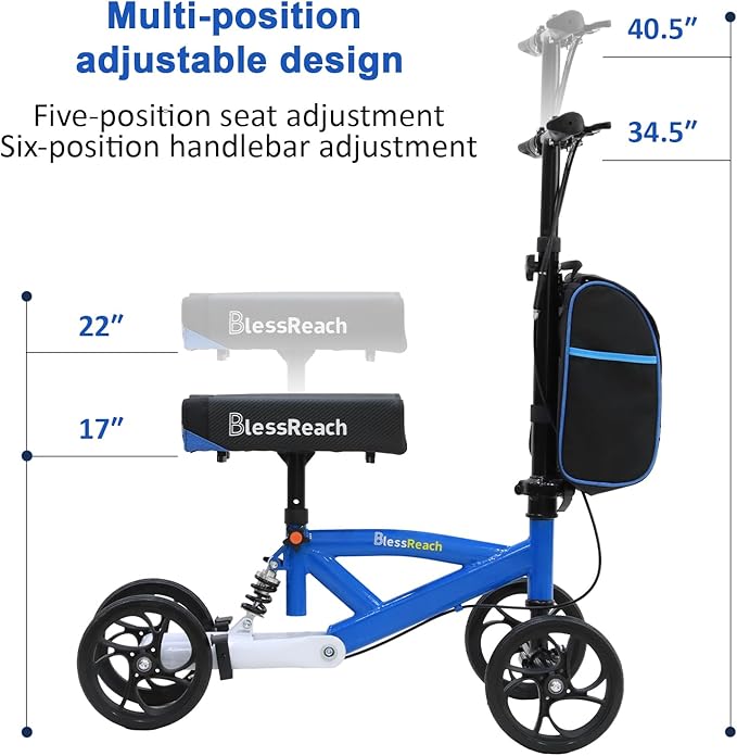 BlessReach Steerable Knee Scooter Deluxe Medical Scooter for Foot Injuries Compact Crutches, with Dual Rear on-Wheel Brake and Shock Absorption Under The Knee pad（Blue）