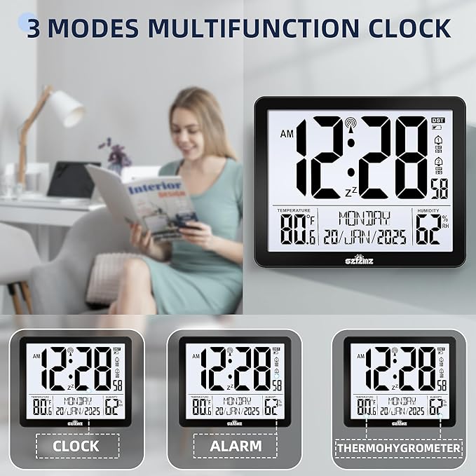 Atomic Digital Wall Clock Battery Operated with Backlight, Desk Clocks with Indoor Temperature & Humidity, 8.5" Small Alarm Clock with Date and Day of Week for Bedrooms, Living Room, Auto DST, Black