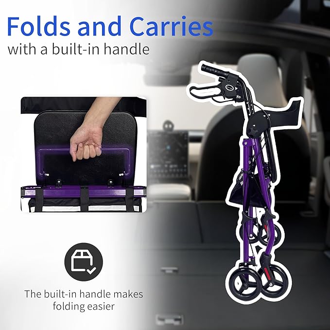Rollator Walkers for Seniors with Seat, Foldable & One-Hand Carry, Upgraded Rolling Walker with Seat for Seniors, Handles Height Adjustable Rolling Walker for Seniors, Walking & Seated Rest, Purple