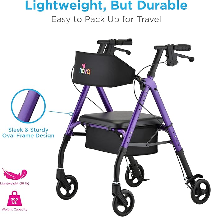 NOVA Star 6 Foldable Rollator Walker for Seniors, Wide Padded Backrest with Seat, 6” All-Terrain Wheels, Easy-Grip Locking Hand Brakes, Height Adjustable, Purple