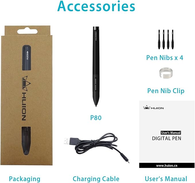 Huion P80 Rechargeable Digital Pen Stylus for Graphics Drawing Tablet Huion New 1060PLUS, WH1409(2048), H610PRO, W58, DWH69, 680TF, Gaomon 1060PRO, M106K, WH850