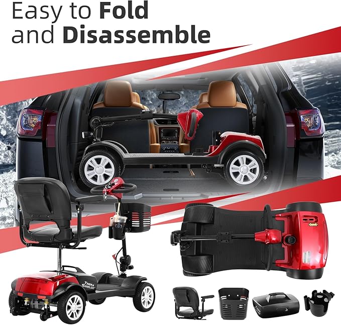 4 Wheel Mobility Scooter - Lightweight, Foldable Electric Mobbility Scooter for Adults, Seniors with Long Range Battery, Shock Absorbing, Basket, Car Light