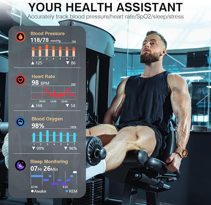 2025 DA GPT Smart Watch for Men,1.19-inch AMOLED Display, 24/7 Heart Rate, Blood Oxygen, Blood Pressure, Sleep Monitor, 107 Sports Fitness Tracker, Waterproof Smartwatch Compatible Android iOS Gold
