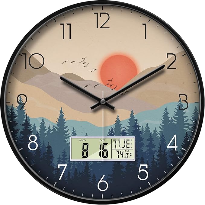 14'' Silent Non-Ticking Wall Clock, Mid-Century Modern Wilderness Sunset, Battery Operated Analog with LCD Date Day Temp Display, for Living Room Home Office Bedroom Garage Farmhouse Decor