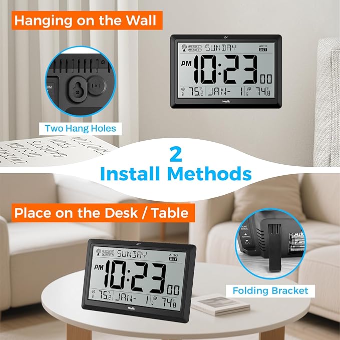 HODIK Wall Clock Atomic with Indoor Outdoor Temperature Battery Powered, Easy Reading with 10.5 Inch LCD Display, 330FT Range Table Wall Clock with DST, 12/24 Hour for Living Room Kicthen (Black)