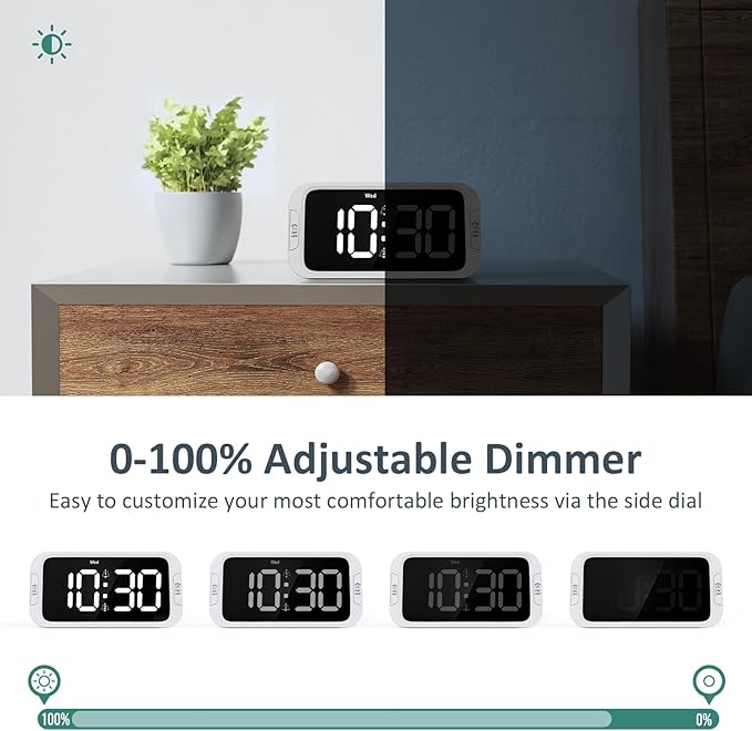 Odokee Digital Dual Alarm Clock for Bedroom, Easy to Set, 0-100% Dimmer, USB Charger, 5 Sound Adjustable Volume, Weekday/Weekend Mode, Snooze, 12/24Hr, Battery Backup, Compact Clock for Bedside(White)