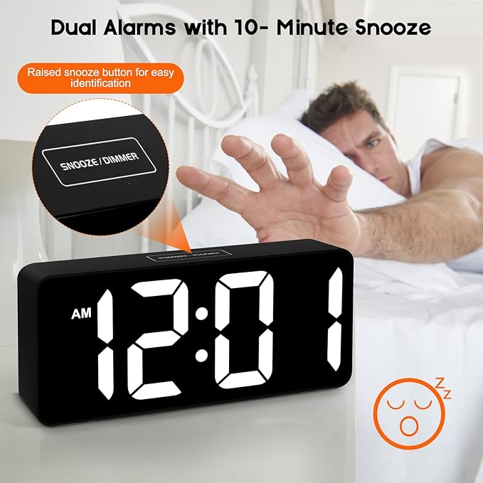 Small Digital Alarm Clock for Bederoom, Large Big Numbers Display with Brightness Dimmer,Dual Alarm, Snooze,12/24Hr,Adjustable Volume Loud Bedside Alarm Clock for Kids Teens Boys Girls (Black)