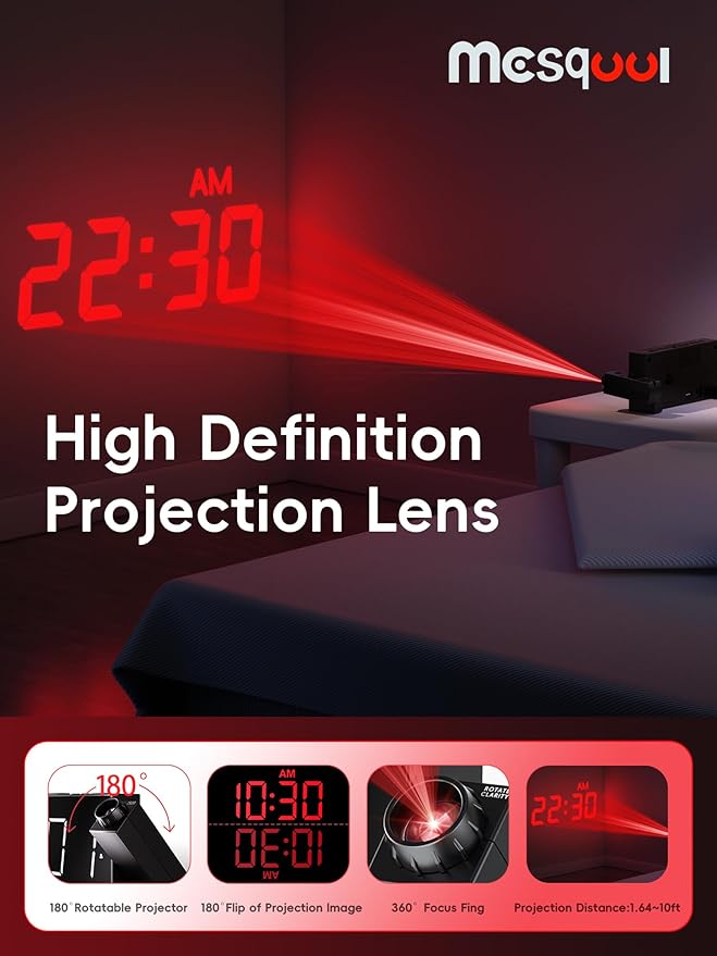 Projection Digital Alarm Clock with Bed Shaker for Bedroom, Extra Loud Alarm Clock for Heavy Sleeper, 180° Rotable Ceiling Projector Clock,2 Alarm,5 Dimmer Volume,USB Charger, Battery Backup,12/24H…
