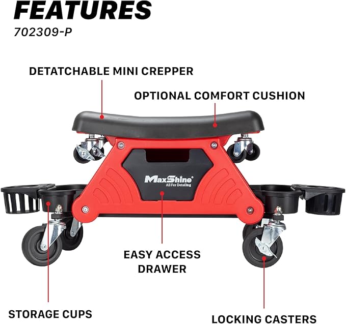 Maxshine Detailing Mini Creeper Without Cushion – Mobile Rolling Utility Creeper Seat for Mechanics & Car Detailers – Low Profile Detailing Seat for Car Cleaning, Polishing, Coating & Waxing