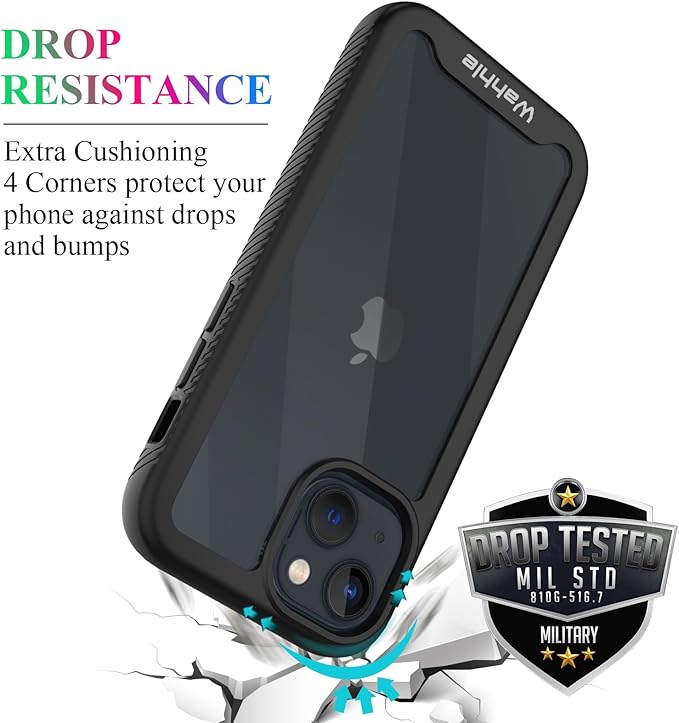wahhle Compatible with iPhone 13 Mini Case, Built in Screen Protector Full Body Shockproof Slim Fit Bumper Protective Phone Cover 5.4'' Men Women-Black/Clear
