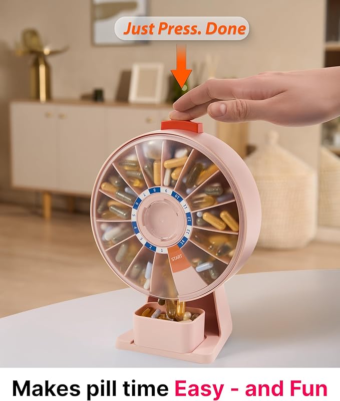 14-Day Rotating Pill Dispenser Wheel Push Button Wall-Mount or Desktop for Seniors