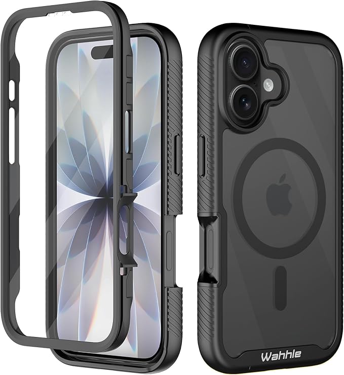 wahhle Compatible with iPhone 17 Case, Magnetic Built in Screen Protector Full Body Shockproof Slim Fit Bumper Protective Phone Cover Men Women-Black/Clear