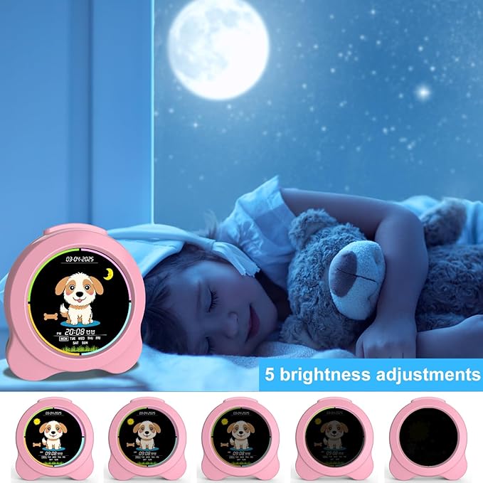 Kids Alarm Clock Sun & Moon& Dog LED Display with Day & Date OK to Wake Clock with Night Light for Kids Children's Sleep Trainer Gift for Boy and Girls