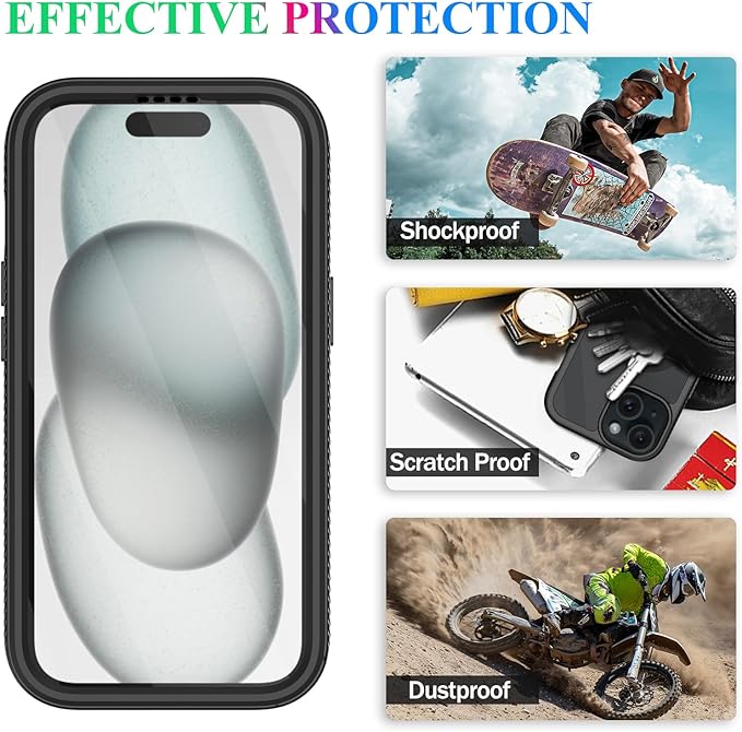 wahhle Compatible with iPhone 15 Case, Magnetic Wireless Charging Built in Screen Protector Full Body Shockproof Slim Fit Bumper Protective Phone Cover 6.1'' Men Women-Black/Clear