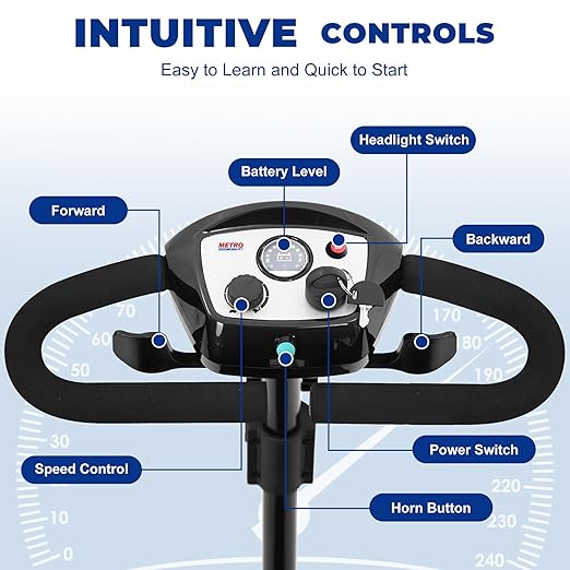 Metro Mobility 4 Wheel Powered Mobility Scooters, 300 lbs Capacity Mobility Scooters for Adults, Folding Mobility Scooter Lightweight, Electric Scooters for Seniors 10 Miles Range LED Light Black