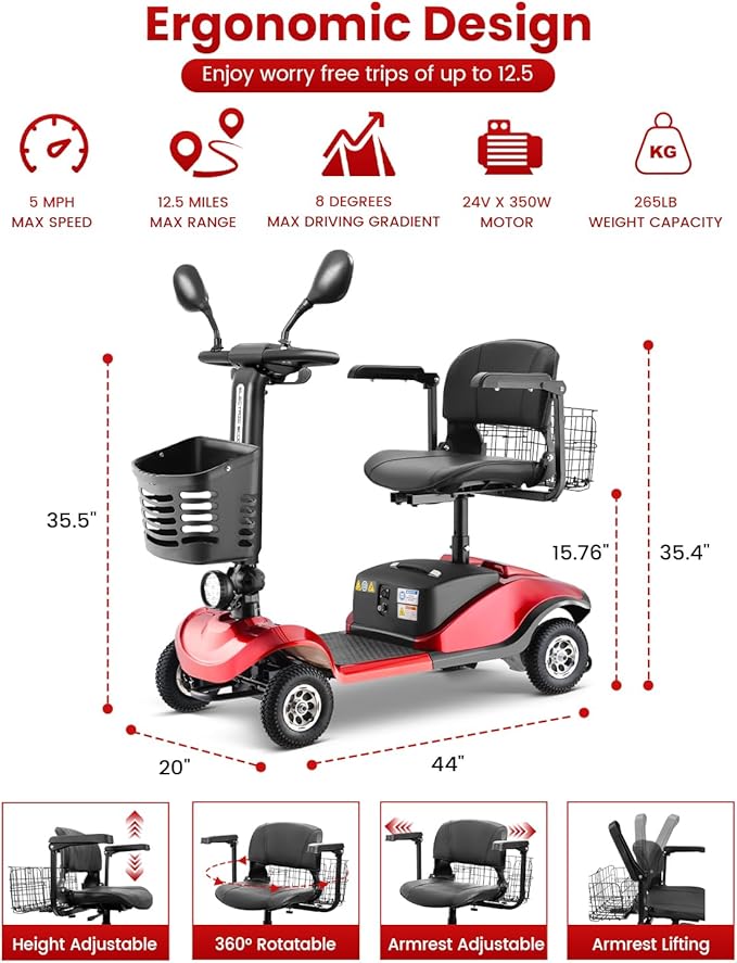 Folding Mobility Scooter for Seniors 4 Wheel Scooter for Adults Electric Medical Scooter Compact for Travel - Electric Powered Wheelchair Device - Compact Heavy Duty Mobile (Red)