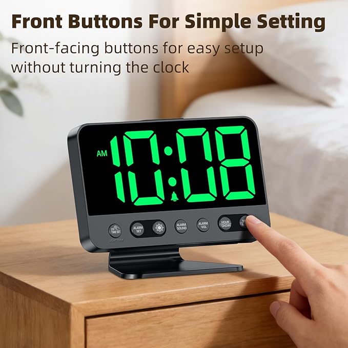 Digital Alarm Clock with Large Numbers for Bedrooms: Bold Display Readable Across The Room with 5 Level Brightness - 5 Alarm Sounds 8 Night Lights for Kids Seniors Teens - Green