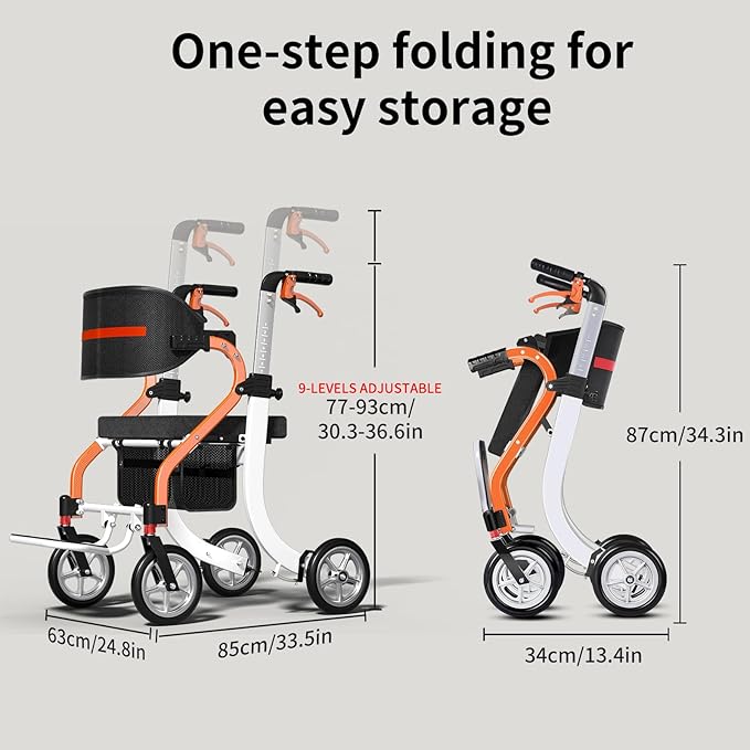 Nihhcune 4-in-1 All-Terrain Upright Rolling Walker Wheelchair Combination, No Installation, One-Step Folding Walker with Seat, Rollator Walker with Storage Bag for Seniors & Adults of Different Height