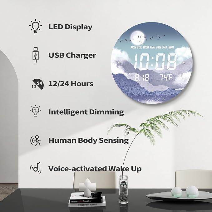 12'' Smart LED Wall Clock, Moonlight Cloudscape Art, Radar & Voice Activated, 7 Level Brightness Auto Dimming, Large Display with Temp Date Day, 12/24H, Rechargeable for Bedroom Living Room