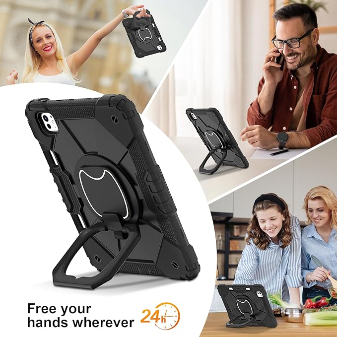 Dteck for iPad Pro 11 inch (M4/M5) 2024/2025 Release Shockproof Case with Shoulder Strap/Pencil Holder/Rotating Kickstand Handle, Heavy-Duty Sturdy Rugged Cover, Protective Hard Tablet Shell, Black