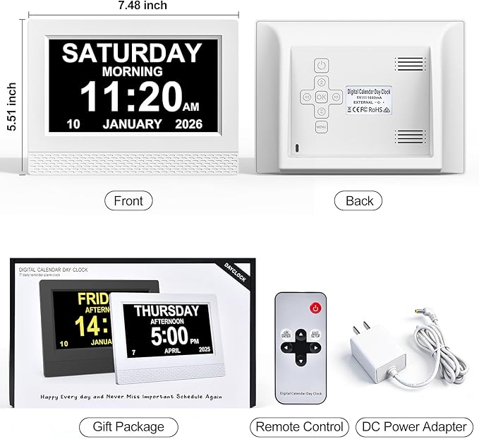 Clock with Day and Date for Elderly, 7" Display Digital Calendar Day Clock with 21 Custom Alarms and Medicine Reminders, 17 Display Modes, Dimmable Dementia Alzheimers Clocks for Seniors